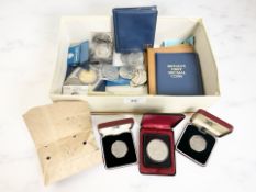 A collection of crowns, first decimal sets, two Royal Mint 50p pieces,
