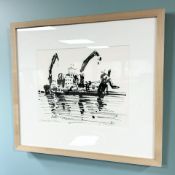 After J Hamilton, Study of a boat, monochrome print, signed in pencil, 22cm by 27cm.