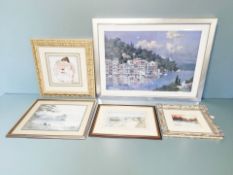 Mary Shaw (Born 1955) : Shepherd and sheep in a snow covered field at sunset, oil on board,