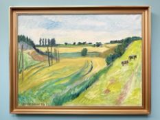 Danish School : Farmland valley, oil on canvas, indistinctly signed, 79 cm x 59 cm.