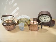 A mahogany mantel clock, two Victorian copper kettles, royal commemorative glass bowl,