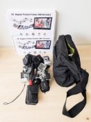 Two digital picture frames, Pentax camera, Lumix camera and bag,