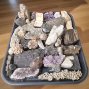 A collection of gemstone specimens including amethyst, quartz, etc.