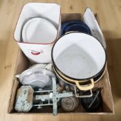 An enameled bread bin and other pans, set of scales, graduated weights,