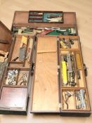 Three antique joiner's toolboxes containing a collection of vintage carpentry and other tools