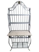 A contemporary travertine and silvered metal open shelf, 98 cm W x 50 cm D x 213 cm H.