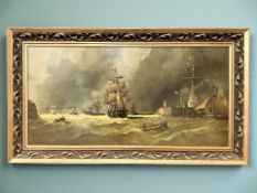 A 20th century colour print depicting ships at the mouth of an estuary, 49 cm x 100 cm,