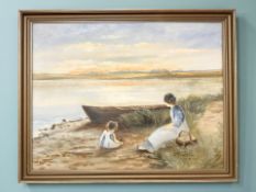 I Benthin : Mother and child by a lake, oil on canvas, 54 cm x 41 cm.