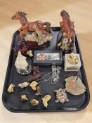 A group of Wade whimsies, onyx table lighter, various figurines, costume necklace, bottle stopper,