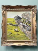 M Lowe : Sheep by a dry stone wall, oil on canvas, 24.5 cm x 29 cm.
