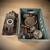 A reproduction continental wall clock with pendulum and weight, together with other metal wares,