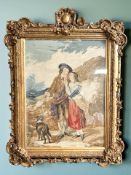 A 19th century embroidery depicting figures in a landscape in ornate gilt jesso frame,