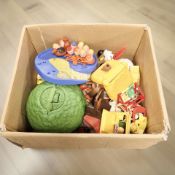 A group of children's toys including Matchbox pieces.