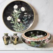 A Japanese Meiji period cloisonne enamel charger, diameter 30 cm,