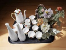 An oriental polished hardstone bonsai tree ornament, a polished marble sculpture signed 'O.