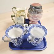 A Maling lustre vase, two Royal Doulton jugs, jasperware heart shaped trinket box,