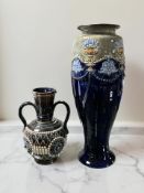 A Doulton Lambeth stoneware baluster vase, height 29 cm, and a further twin-handled vase.
