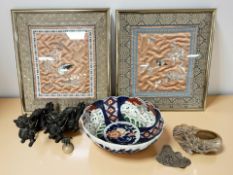 Two Chinese embroidered silk panels, each 23 cm x 20 cm together with an Imari scalloped edge bowl ,