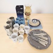 An Aynsley Orchard Gold vase, royal commemorative mugs, pewter tankards, other ceramics.