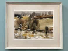 Birgitte Brøndum-Nielsen : River view with farmland beyond, watercolour, 58 cm x 42 cm,