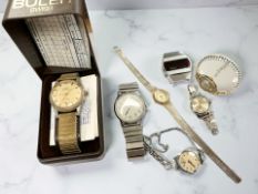 A lady's 9ct gold wristwatch signed Senate, together with six further watches including Buler,