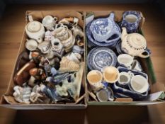 Assorted blue and white ceramics including Ringtons willow pattern dinner wares,