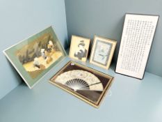 An antique hand painted fan mounted in a frame, together with four Japanese pictures and prints.