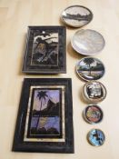 A group of butterfly wing pictures and dishes, brass trinket box and cover, etc.