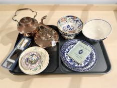 Two Victorian copper kettles together with assorted ceramics, a cigarette card album, etc.