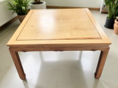 A contemporary Chinese hardwood square coffee table, width 100 cm.