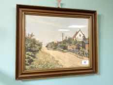 R Raul : Road through a village, watercolour, 32 cm x 25 cm.