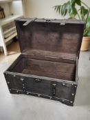 A reproduction trunk with leather straps and metalwork, width 62 cm.