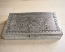 A Chinese pewter trinket box, width 17 cm.