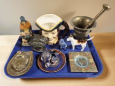 A mortar and pestle, a character jug, miniature cloisonne tea set, a Beswick fox hound, etc.
