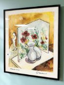 Danish School : Still life with a mirror and flowers, watercolour, 30 cm x 37 cm.