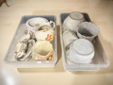 A collection of transfer printed vessels, pottery planters, etc.