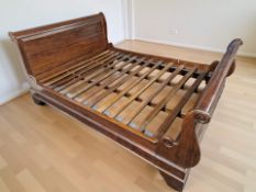 A contemporary hardwood 5 ft sleigh bed, overall 227 cm L x 163 cm W x 100 cm H.