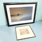 Contemporary School : Lindisfarne at sunset, watercolour, 29 cm x 46 cm,