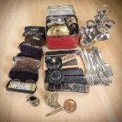 Several antique pairs of spectacles, cutthroat razors, a Rolls razor, compass, an EPNS egg cruet,