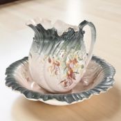 A Victorian transfer printed wash jug and basin.