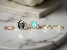 Five silver dress rings