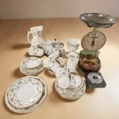 A set of Salter scales, various tea china, Maling lustre jug, small barometer, etc.