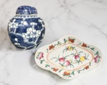 A Chinese blue and white porcelain ginger jar decorated with prunus on cracked ice, height 14 cm,