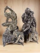 A Heredities bronzed-resin figure of two lovers, height 24 cm, and four further similar figures.