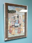 A far eastern watercolour depicting figures by a temple, 49 cm x 69 cm.