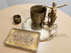 An Art Deco alabaster and gilt metal figural table lamp,