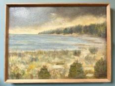 E Dencker : A beech scene at low tide, oil on board, 58 cm x 42 cm.