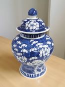 A Chinese blue and white porcelain temple jar and cover decorated with prunus on cracked ice ground,