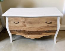 A painted two drawer serpentine chest, 120 cm x 55 cm x 80 cm.