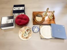 An inlaid mahogany twin-handled serving tray, various ceramics, walnut framed mirror,